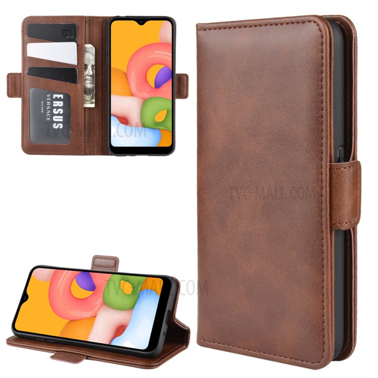Double Clasp Flip Leather Wallet Stand Phone Case for Samsung Galaxy A01 - Dark Brown-1