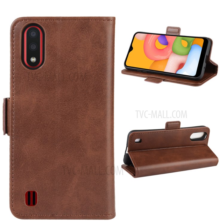 Double Clasp Flip Leather Wallet Stand Phone Case for Samsung Galaxy A01 - Dark Brown-2