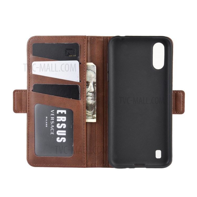 Double Clasp Flip Leather Wallet Stand Phone Case for Samsung Galaxy A01 - Dark Brown-4