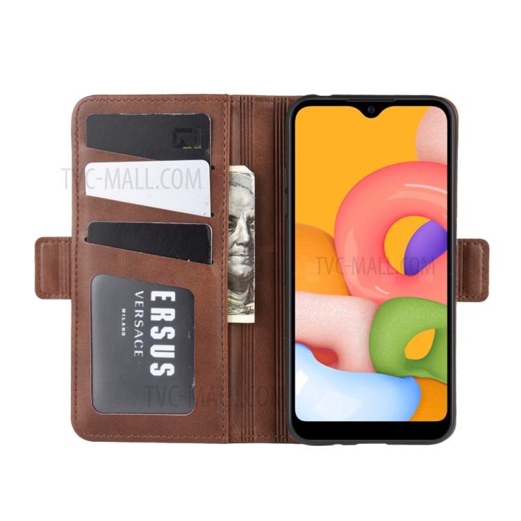 Double Clasp Flip Leather Wallet Stand Phone Case for Samsung Galaxy A01 - Dark Brown-5
