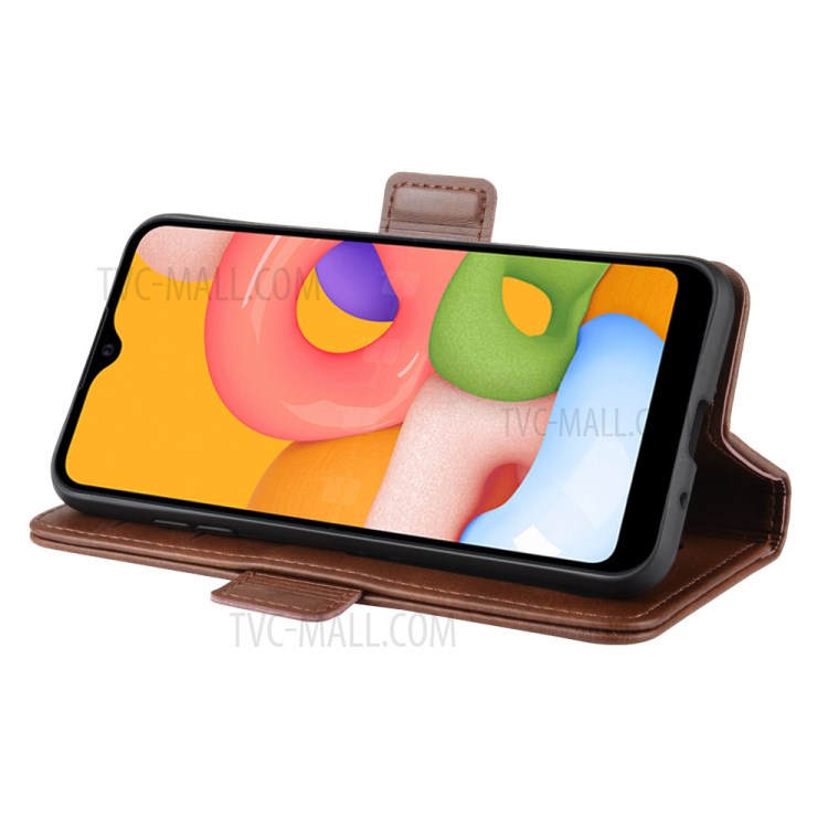 Double Clasp Flip Leather Wallet Stand Phone Case for Samsung Galaxy A01 - Dark Brown-6