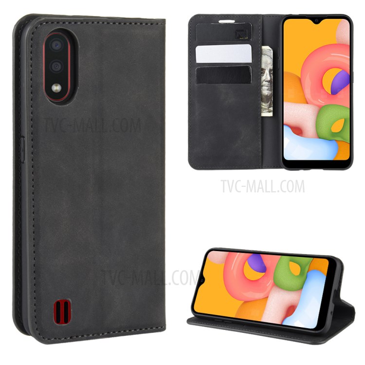 Silky Touch Auto-absorbed Flip Leather Wallet Stand Case for Samsung Galaxy A01 - Black-1