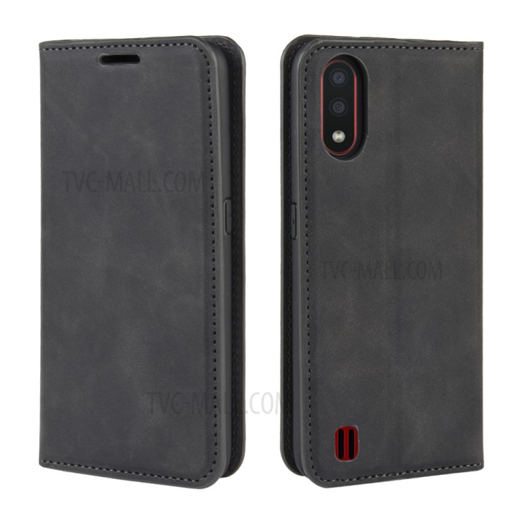 Silky Touch Auto-absorbed Flip Leather Wallet Stand Case for Samsung Galaxy A01 - Black-2