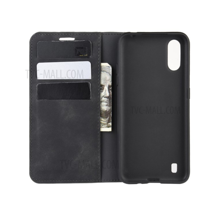 Silky Touch Auto-absorbed Flip Leather Wallet Stand Case for Samsung Galaxy A01 - Black-4