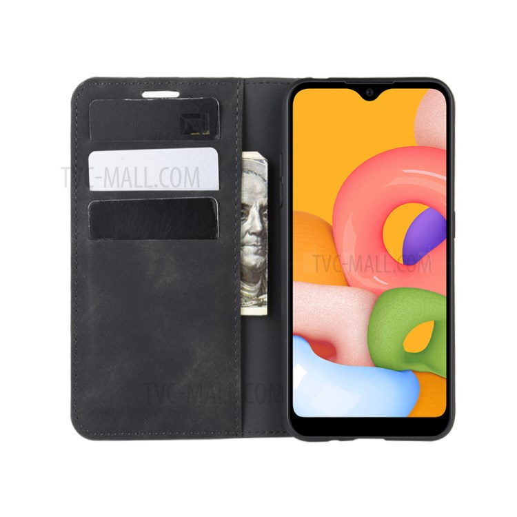 Silky Touch Auto-absorbed Flip Leather Wallet Stand Case for Samsung Galaxy A01 - Black-5
