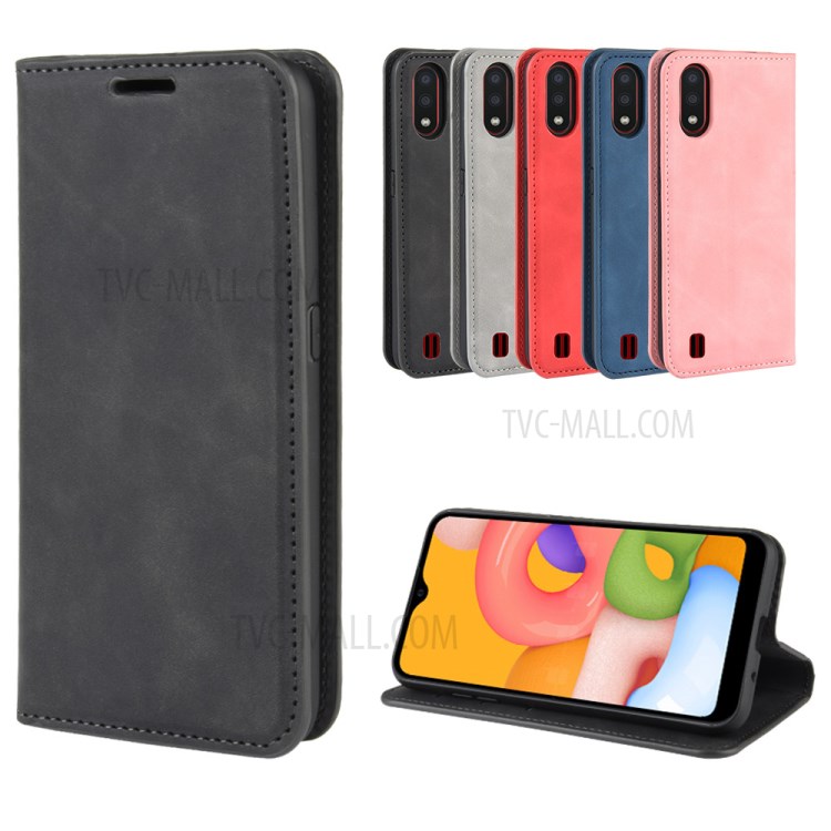 Silky Touch Auto-absorbed Flip Leather Wallet Stand Case for Samsung Galaxy A01 - Black-9