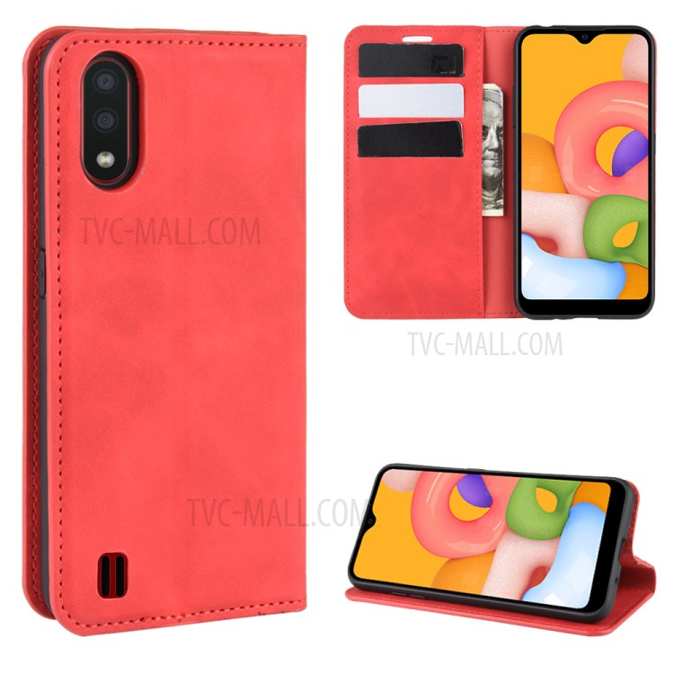 Silky Touch Auto-absorbed Flip Leather Wallet Stand Case for Samsung Galaxy A01 - Red-1