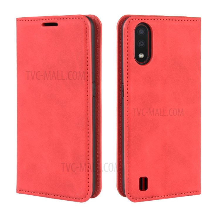 Silky Touch Auto-absorbed Flip Leather Wallet Stand Case for Samsung Galaxy A01 - Red-2
