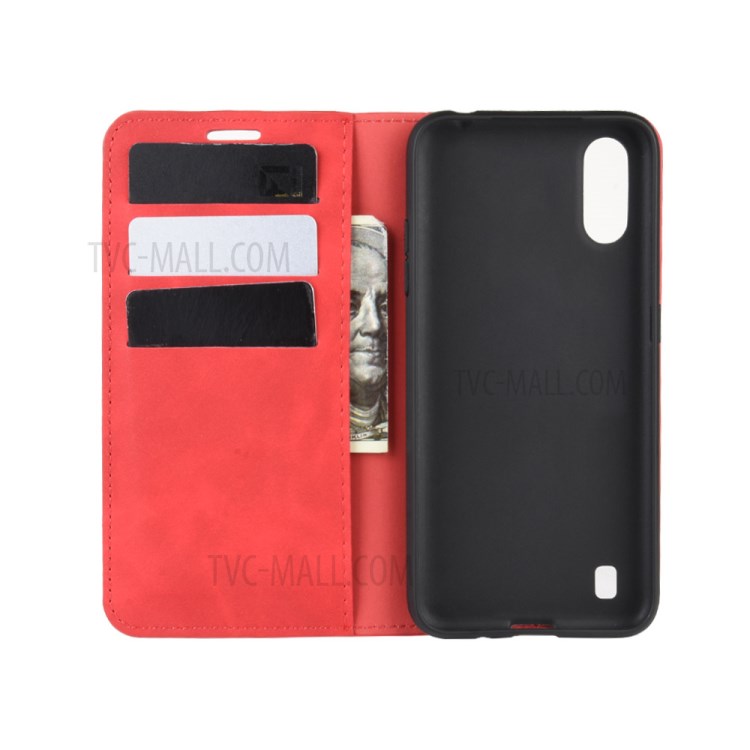 Silky Touch Auto-absorbed Flip Leather Wallet Stand Case for Samsung Galaxy A01 - Red-4