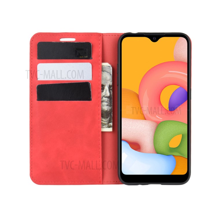 Silky Touch Auto-absorbed Flip Leather Wallet Stand Case for Samsung Galaxy A01 - Red-5