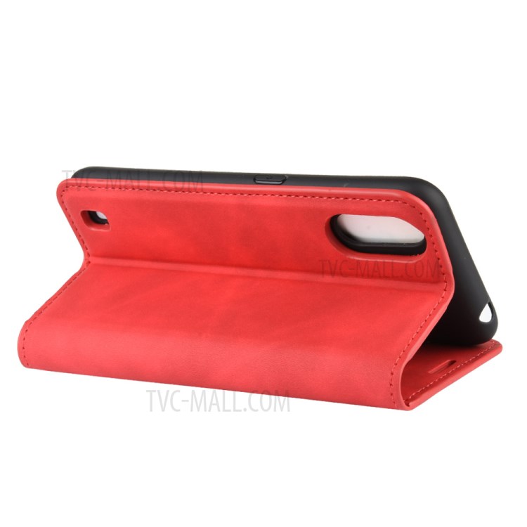 Silky Touch Auto-absorbed Flip Leather Wallet Stand Case for Samsung Galaxy A01 - Red-6