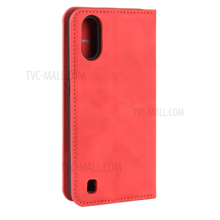 Silky Touch Auto-absorbed Flip Leather Wallet Stand Case for Samsung Galaxy A01 - Red-7