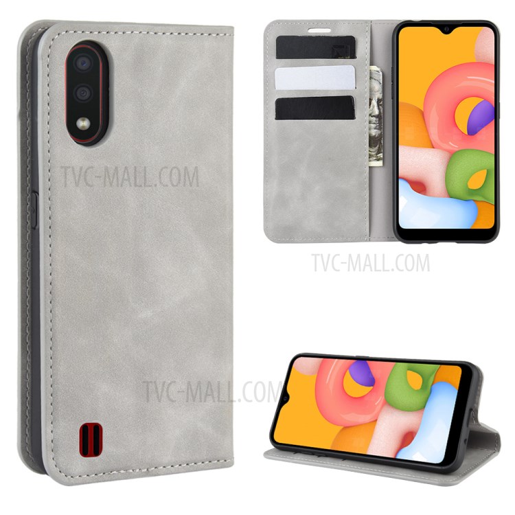 Silky Touch Auto-absorbed Flip Leather Wallet Stand Case for Samsung Galaxy A01 - Grey-1