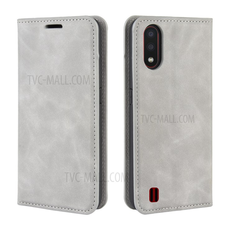 Silky Touch Auto-absorbed Flip Leather Wallet Stand Case for Samsung Galaxy A01 - Grey-2