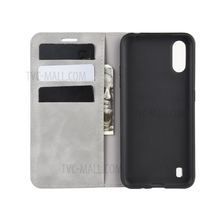 Silky Touch Auto-absorbed Flip Leather Wallet Stand Case for Samsung Galaxy A01 - Grey-4