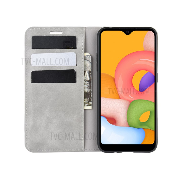 Silky Touch Auto-absorbed Flip Leather Wallet Stand Case for Samsung Galaxy A01 - Grey-5
