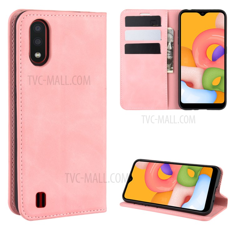 Silky Touch Auto-absorbed Flip Leather Wallet Stand Case for Samsung Galaxy A01 - Pink-1