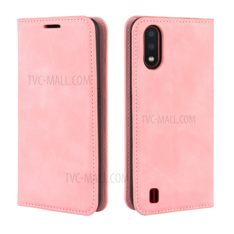 Silky Touch Auto-absorbed Flip Leather Wallet Stand Case for Samsung Galaxy A01 - Pink-2