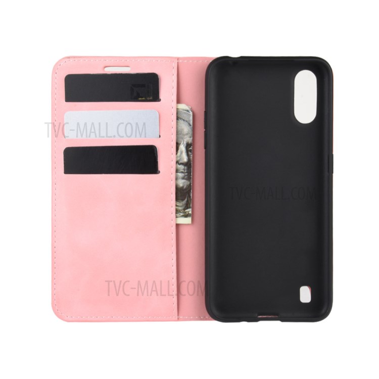 Silky Touch Auto-absorbed Flip Leather Wallet Stand Case for Samsung Galaxy A01 - Pink-4