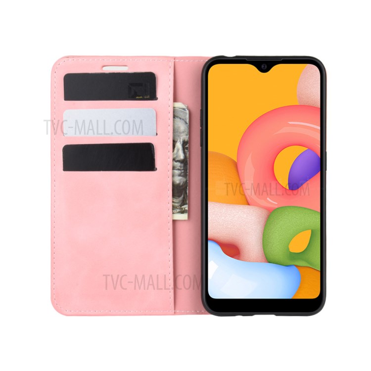 Silky Touch Auto-absorbed Flip Leather Wallet Stand Case for Samsung Galaxy A01 - Pink-5
