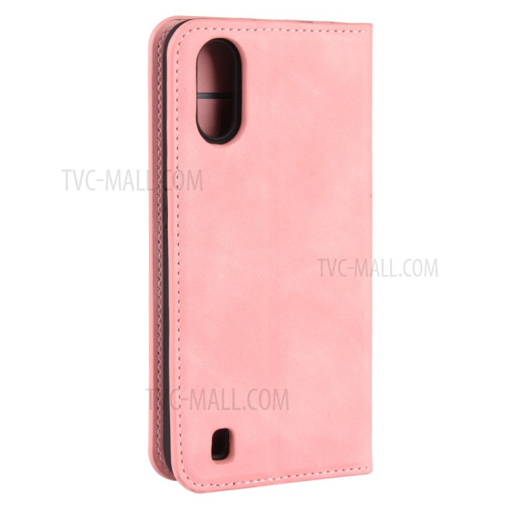 Silky Touch Auto-absorbed Flip Leather Wallet Stand Case for Samsung Galaxy A01 - Pink-7