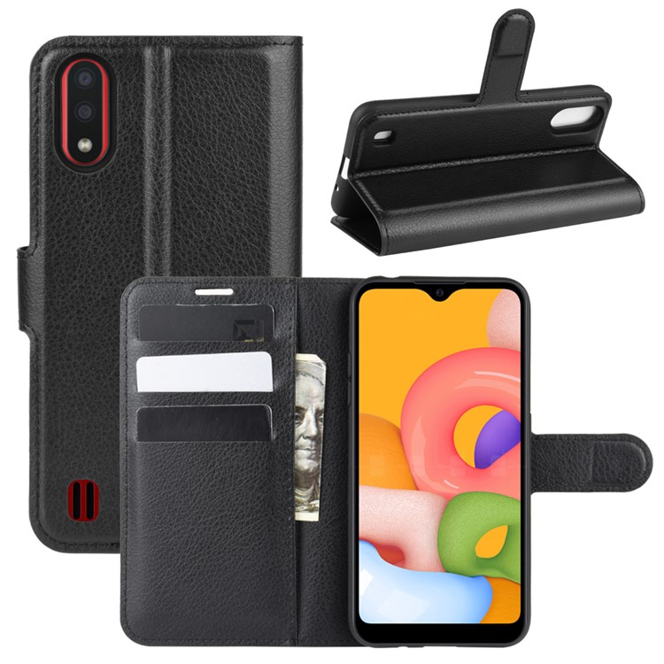 Litchi Grain Wallet Leather Phone Cover for Samsung Galaxy A01 - Black-1