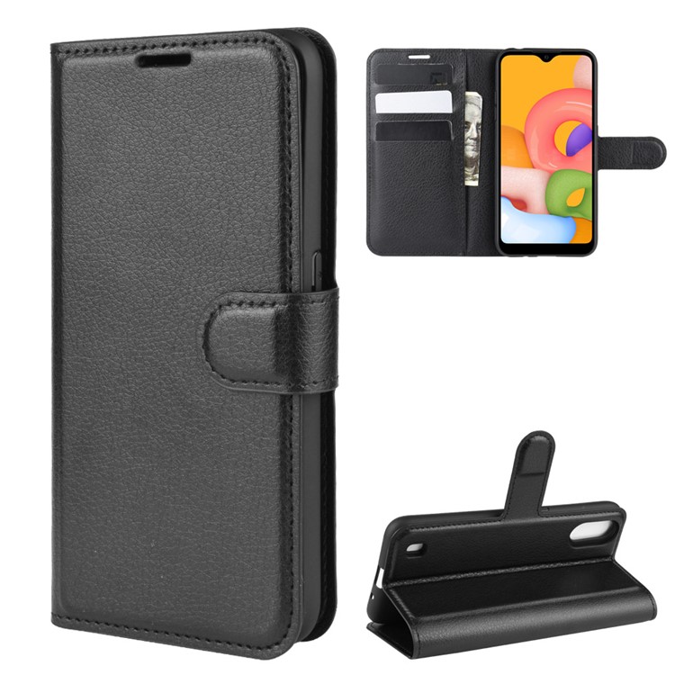 Litchi Grain Wallet Leather Phone Cover for Samsung Galaxy A01 - Black-2