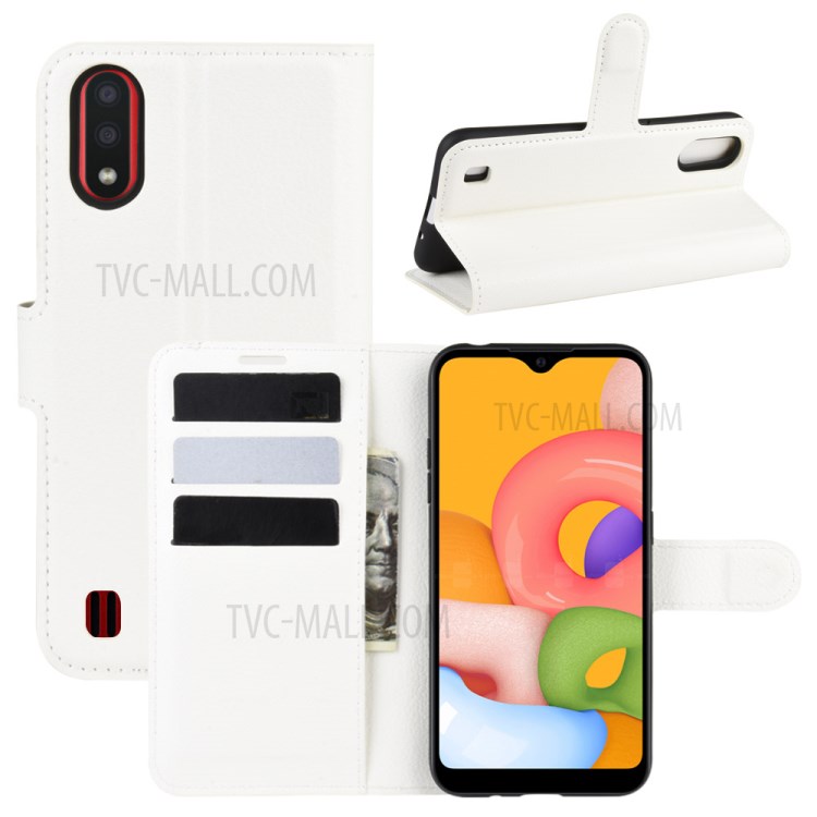 Litchi Grain Wallet Leather Phone Cover for Samsung Galaxy A01 - White-1