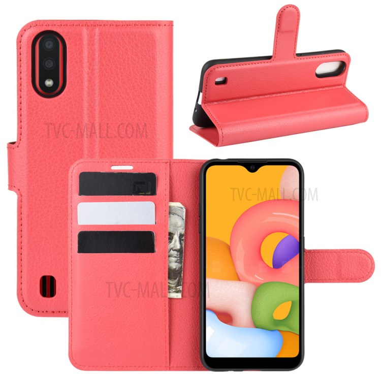 Litchi Grain Wallet Leather Phone Cover for Samsung Galaxy A01 - Red-1