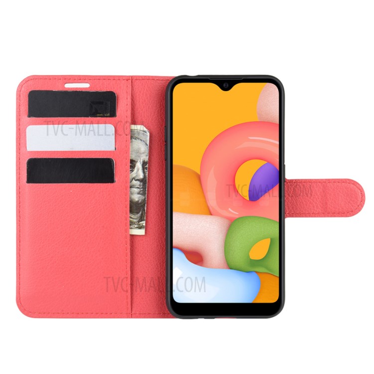 Litchi Grain Wallet Leather Phone Cover for Samsung Galaxy A01 - Red-4