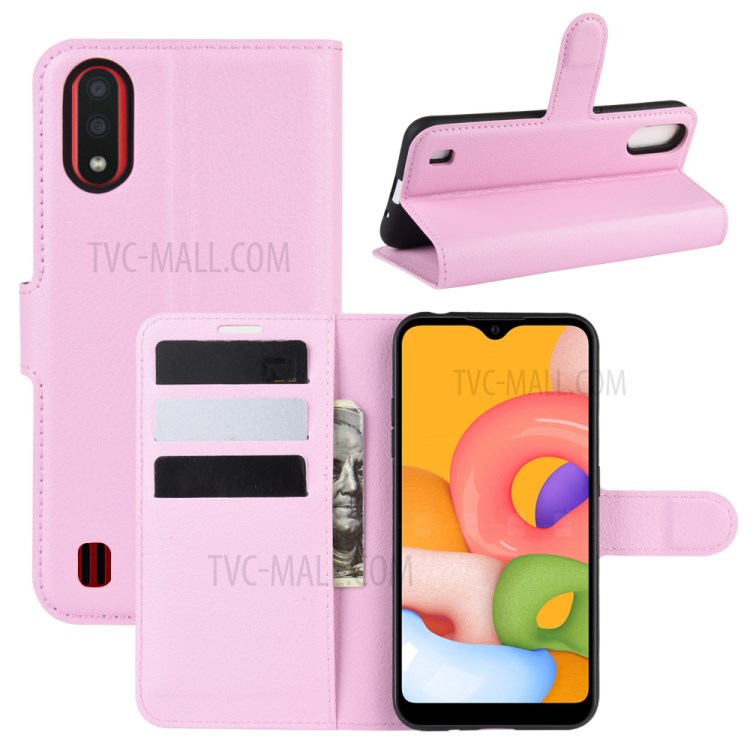 Litchi Grain Wallet Leather Phone Cover for Samsung Galaxy A01 - Pink-1