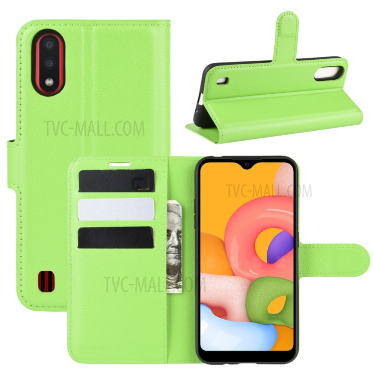 Litchi Grain Wallet Leather Phone Cover for Samsung Galaxy A01 - Green-1