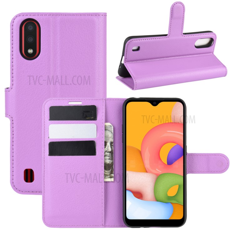 Litchi Grain Wallet Leather Phone Cover for Samsung Galaxy A01 - Purple-1