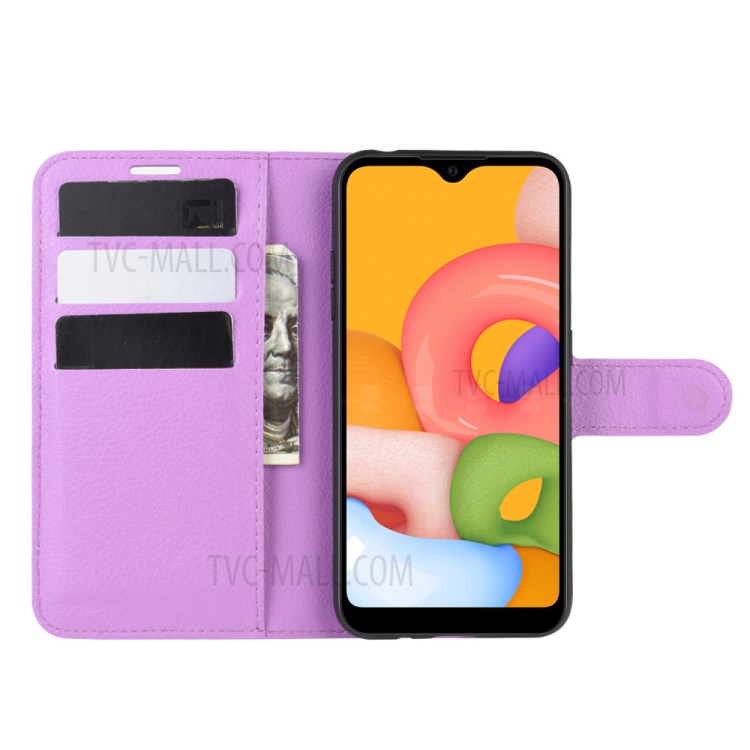 Litchi Grain Wallet Leather Phone Cover for Samsung Galaxy A01 - Purple-4