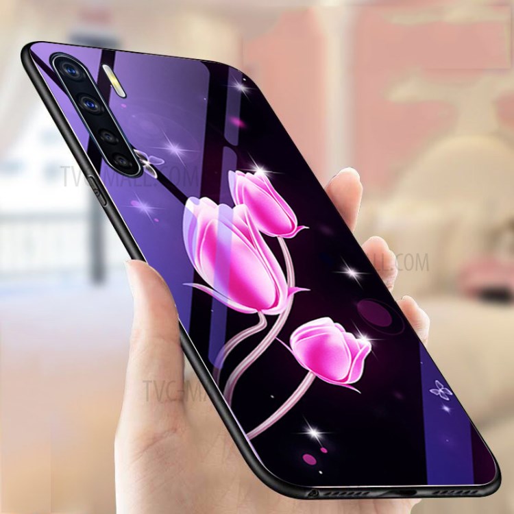 Plated TPU Frame+Blue-ray Tempered Glass+PC Back Hybrid Case for OPPO A91 - Tulip-3