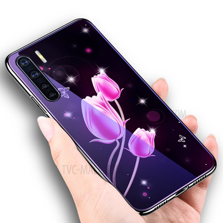 Plated TPU Frame+Blue-ray Tempered Glass+PC Back Hybrid Case for OPPO A91 - Tulip-5
