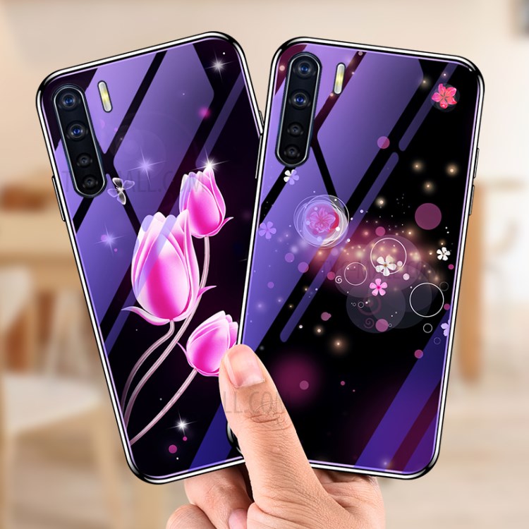 Plated TPU Frame+Blue-ray Tempered Glass+PC Back Hybrid Case for OPPO A91 - Tulip-6