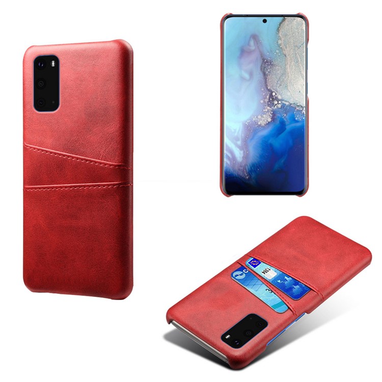 KSQ Two Card Slots PU Leather Coated Hard PC Shell for Samsung Galaxy S20 - Red-1