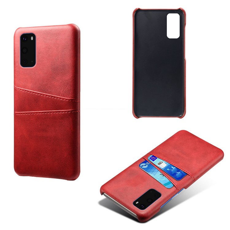 KSQ Two Card Slots PU Leather Coated Hard PC Shell for Samsung Galaxy S20 - Red-5