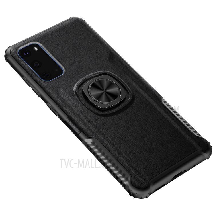 PC + TPU Hybrid Phone Case with Finger Ring Kickstand for Samsung Galaxy S20 - Black-1