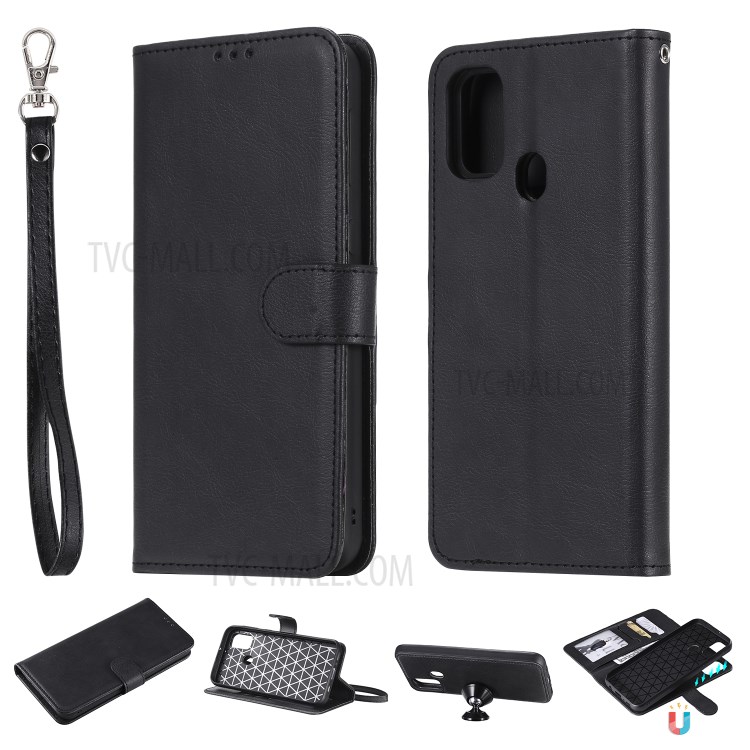 Detachable Leather Wallet Case + TPU Back 2 in 1 Phone Shell for Samsung Galaxy M30s/M21 - Black-1
