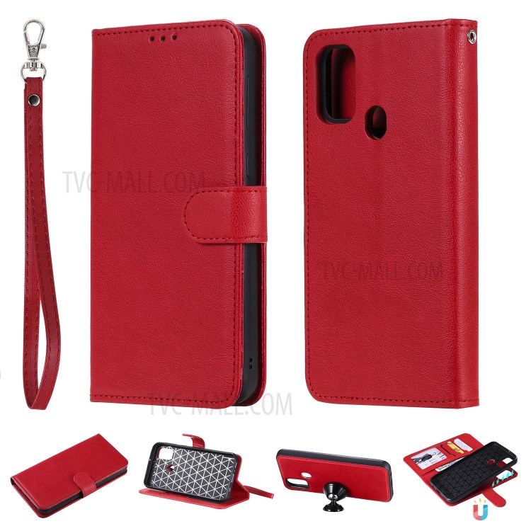 Detachable Leather Wallet Case + TPU Back 2 in 1 Phone Shell for Samsung Galaxy M30s/M21 - Red-1