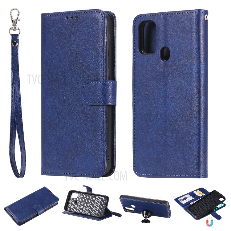 Detachable Leather Wallet Case + TPU Back 2 in 1 Phone Shell for Samsung Galaxy M30s/M21 - Blue-1