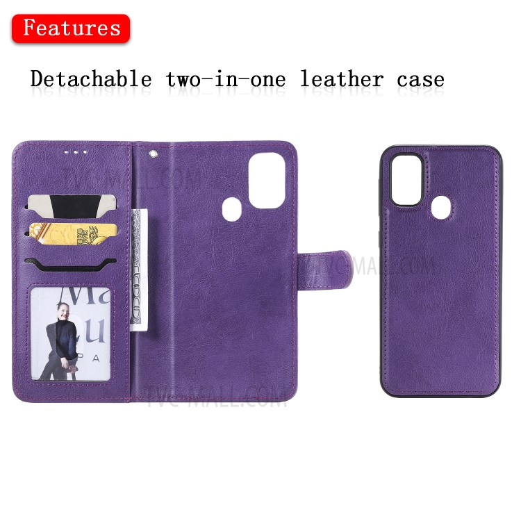 Detachable Leather Wallet Case + TPU Back 2 in 1 Phone Shell for Samsung Galaxy M30s/M21 - Purple-4