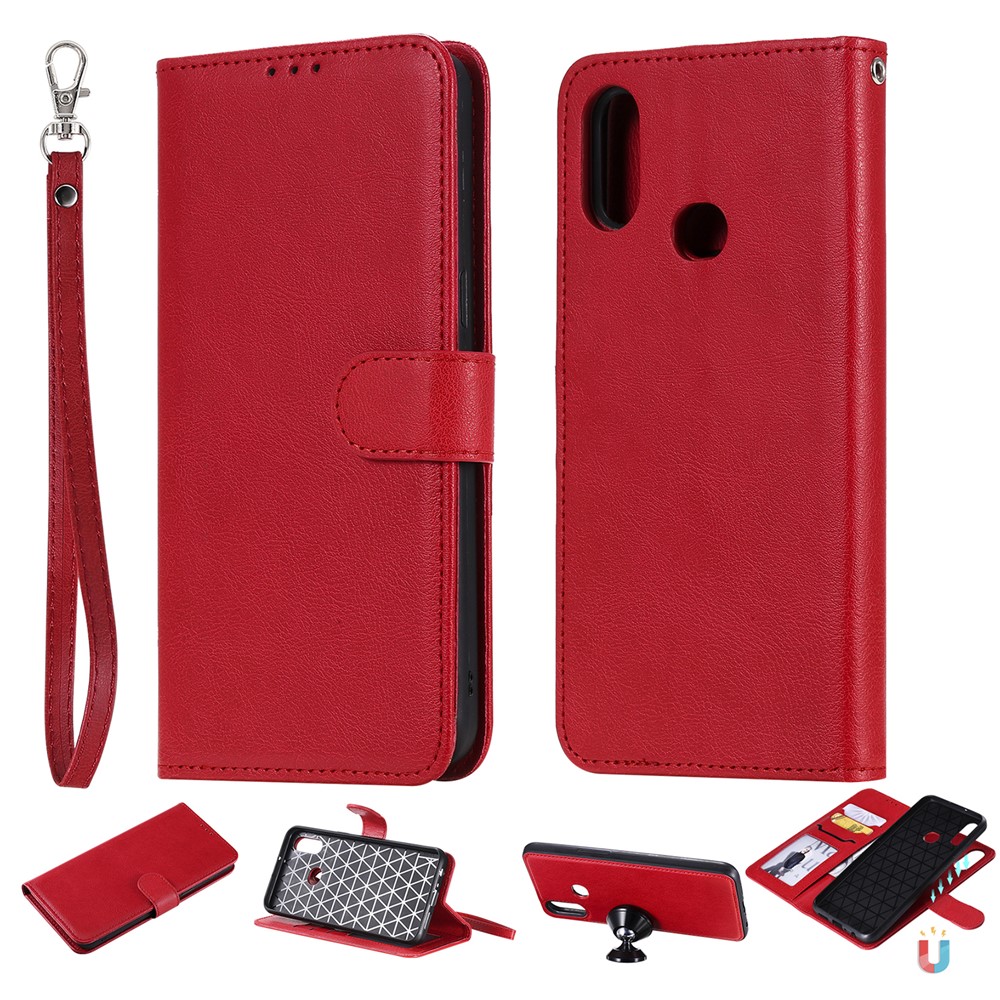 Magnetic KT Leather Series-3 Reta de Cuero de Billetera 2-en-1 de Billetera Para Samsung Galaxy A10s - Rojo