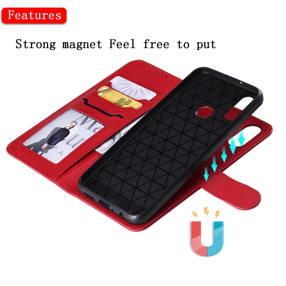 Magnetic KT Leather Series-3 Reta de Cuero de Billetera 2-en-1 de Billetera Para Samsung Galaxy A10s - Rojo