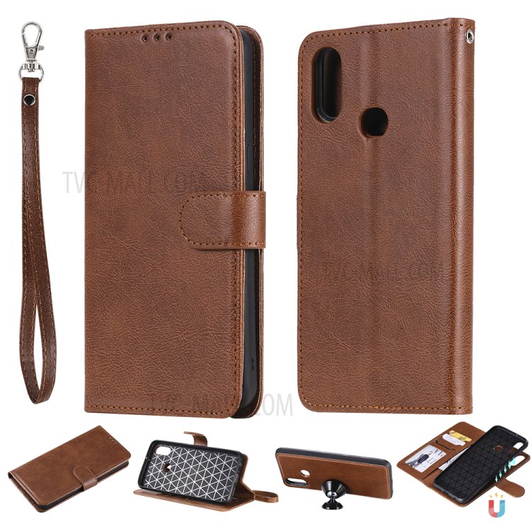Magnetic Detachable 2-in-1 Wallet Stand Leather Shell for Samsung Galaxy A10s - Brown-1