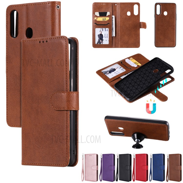 Magnetic Detachable 2-in-1 Wallet Stand Leather Phone Case for Samsung Galaxy A20s - Brown-11