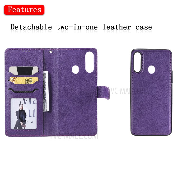 Magnetic Detachable 2-in-1 Wallet Stand Leather Phone Case for Samsung Galaxy A20s - Purple-4