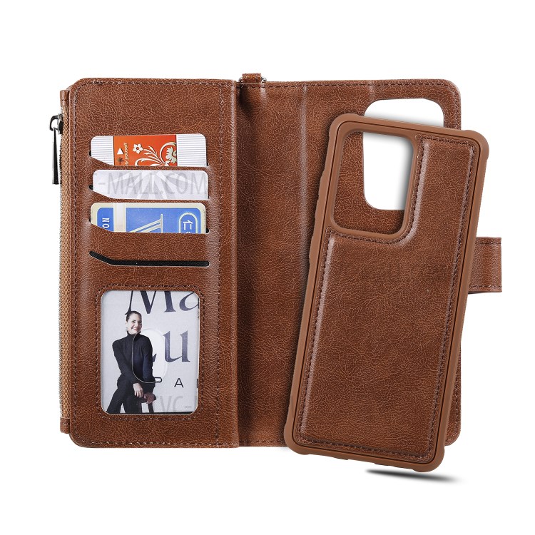 Magnetic Detachable 2-in-1 Zipper Wallet Stand Leather Case for Samsung Galaxy S20 Ultra - Brown-14